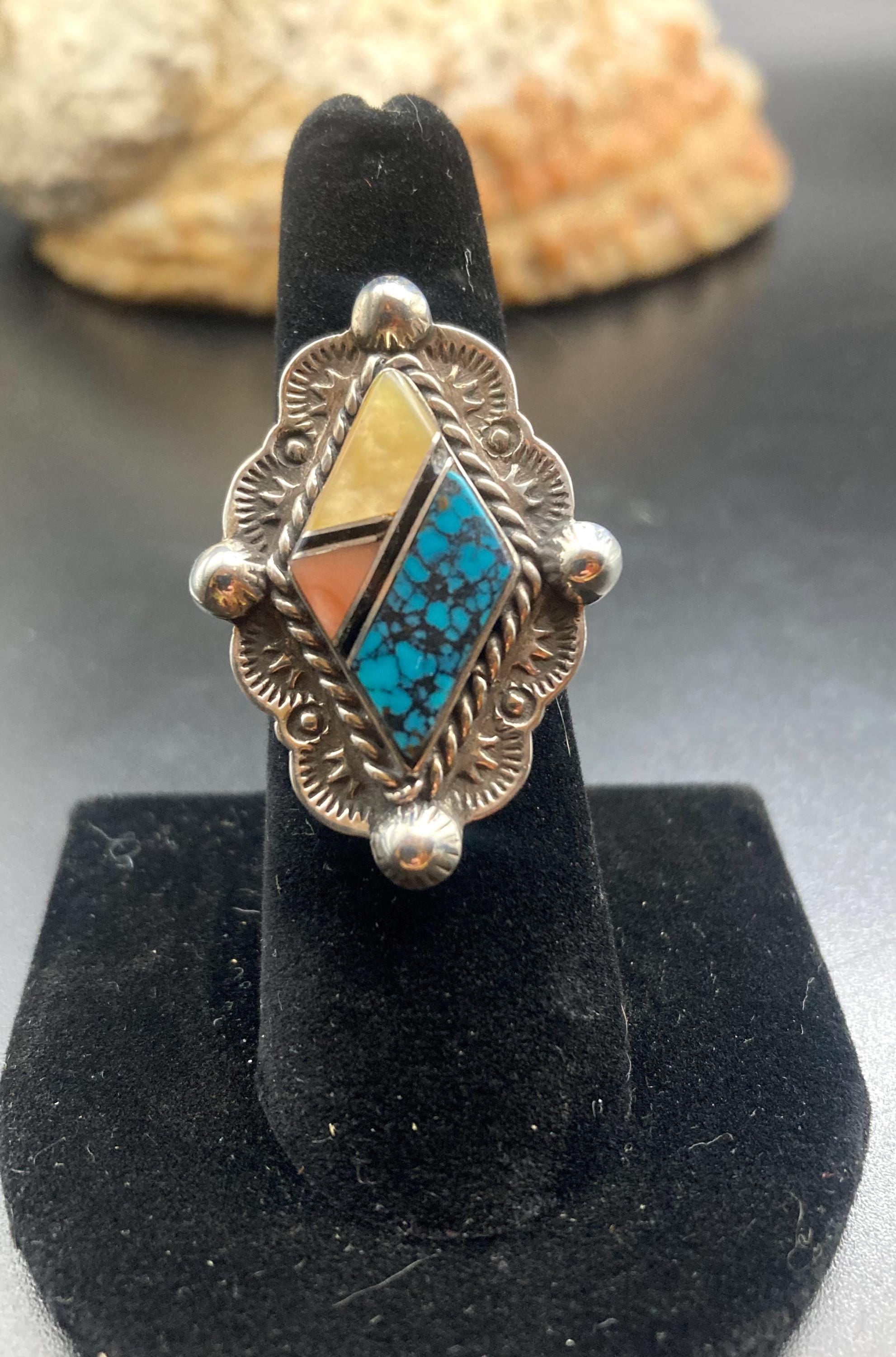 Vintage Navajo Multi-stone Inlay Sterling Silver Statement Ring