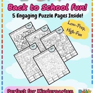 Può includere: Un volantino digitale intitolato I SPY: Back to School fun! 5 Engaging Puzzle Pages Inside! con cinque fogli di attività stampabili in bianco e nero con illustrazioni a tema scolastico, un fumetto giallo e testo per la scuola dell'infanzia.