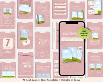 May include: A collection of pink social media templates for a book launch, featuring various designs with book illustrations, clouds, and text. Includes a phone mockup with a book cover design and the text "Early Bird".