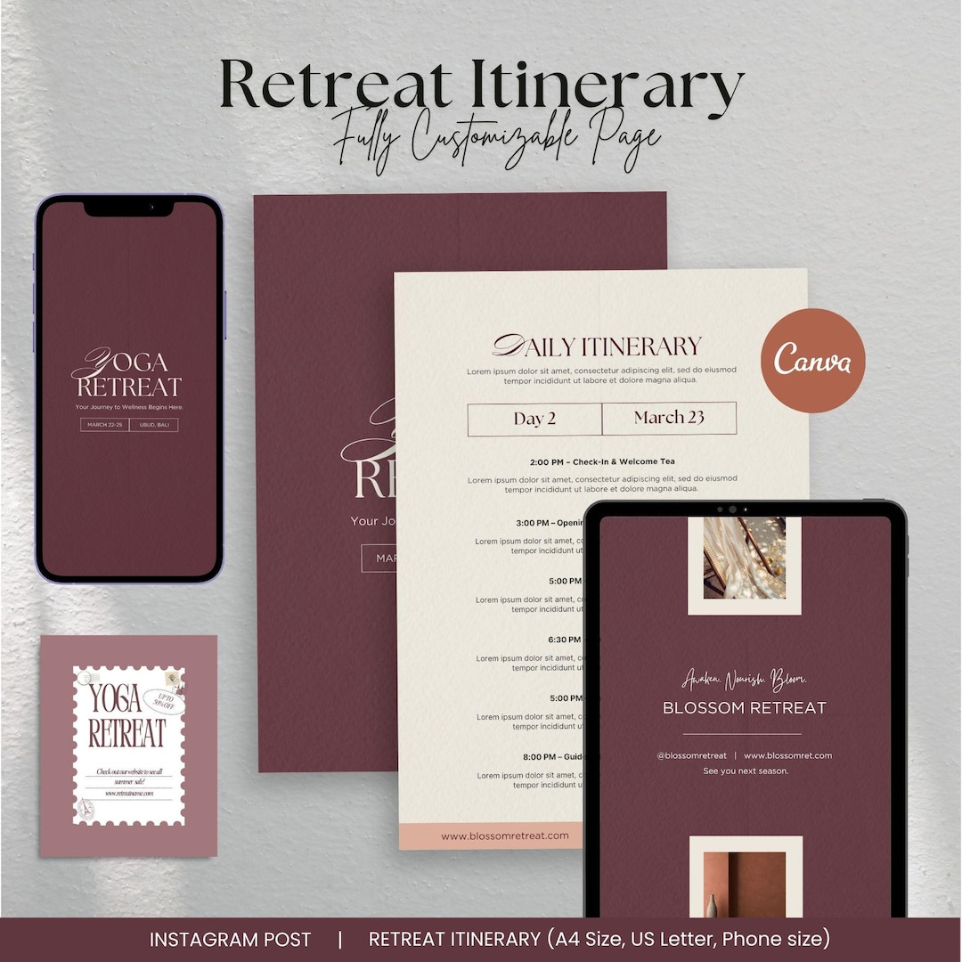 Itinerary Retreat Templates | Retreat Planner Editable Templates for ...
