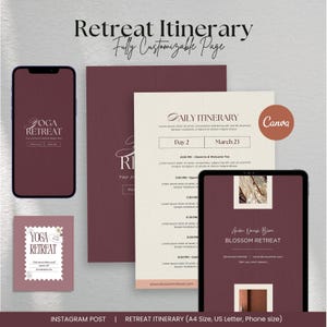 May include: A digital design layout for a yoga retreat, featuring a smartphone, tablet, and printed itinerary. The design includes the text "Retreat Itinerary" and "Yoga Retreat" in a stylish font, with a color scheme of burgundy and cream.