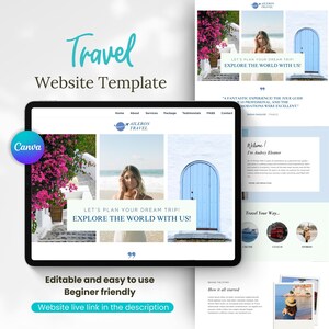 Può includere: Un modello di sito web per le aziende di viaggi. Il modello presenta uno schema di colori blu e bianco con immagini di una donna, una porta e una spiaggia. Il testo sul sito web dice "Pianifichiamo il tuo viaggio da sogno! Esplora il mondo con noi!"