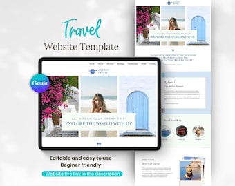 Sjabloon reiswebsite, canva-bestemmingspagina, website met één pagina, verkooptrechter, websiteontwerper, websitesjabloon, reisbureau, minimalistisch