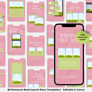 May include: A collection of pink and green social media templates for a romance book launch. The templates include various designs with text like "Writing Rituals" and "Dream Movie Cast". The image also includes the text "80 Romance Book launch Story Templates | Editable in Canva".