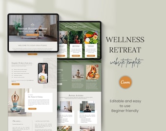 May include: A website template for a wellness retreat, featuring a green and white color scheme with images of yoga, food, and nature. The text "Wellness Retreat website template" is displayed in black text on a green background. The text "Canva" is displayed in white text on an orange background.