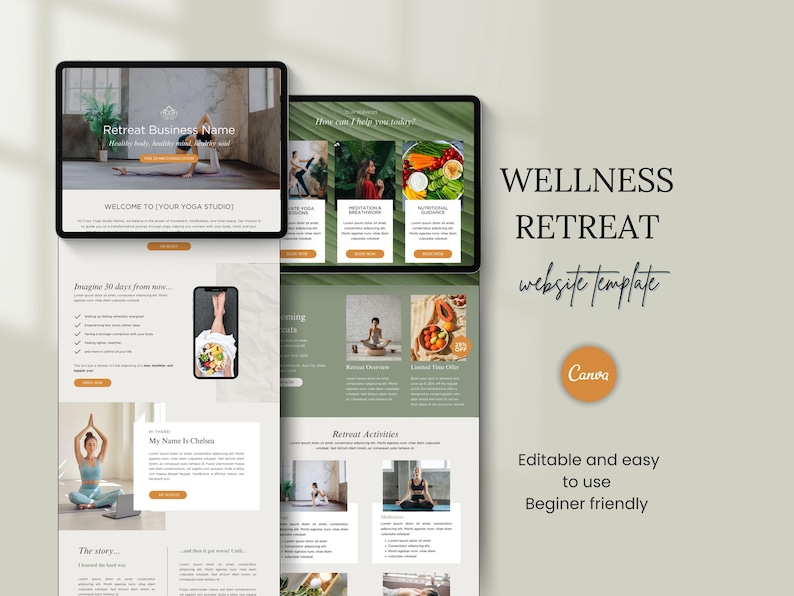 May include: A website template for a wellness retreat, featuring a green and white colour scheme with images of yoga, food, and nature. The text "Wellness Retreat website template" is displayed in black text on a green background. The text "Canva" is displayed in white text on an orange background.