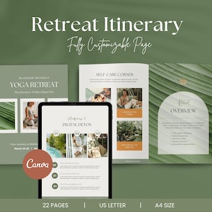 Könnte beinhalten: Eine digitale Vorlage für einen Retreat-Reiseplan mit einem grünen und weißen Farbschema. Das Design umfasst Seiten für Yoga, Selbstpflege und digitale Entgiftung. Der Text enthält "Retreat Itinerary" und "Fully Customizable Page". Die Vorlage hat 22 Seiten und US Letter und A4 Größe.