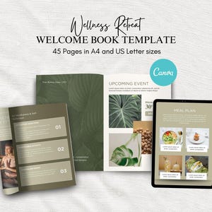Mall för Canva för wellnessretreat, mall för wellnessarbetsbok, mall för wellness-e-bok, mall för hälsoarbetsbok, mall för välkomstbok för yoga