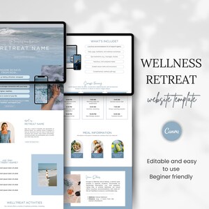May include: A website template for a wellness retreat, featuring a blue and white color scheme with images of a beach, a woman, and food. The text "WELLNESS RETREAT website template" is displayed in a large font.