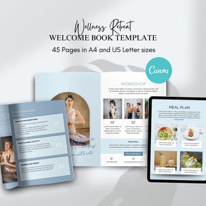 May include: A blue and white welcome book template for a wellness retreat. The book has a photo of a woman meditating on the cover. The text on the cover reads "Wellness Retreat Welcome Book Template 45 Pages in A4 and US Letter sizes".