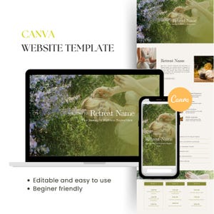 May include: A Canva website template design featuring a laptop, smartphone, and additional pages. The design includes the text "Retreat Name" and "Your journey to Wellness Begins Here." The template is described as "Editable and easy to use" and "Beginner friendly."