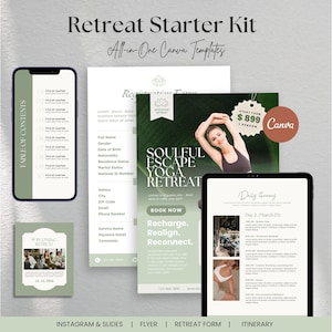 Pode incluir: Um kit de marketing digital para um retiro de ioga, com um smartphone com um sumário, um formulário de inscrição, um folheto e um tablet exibindo um itinerário diário. O kit inclui o texto "Retreat Starter Kit" e "All-in-One Canva Templates."