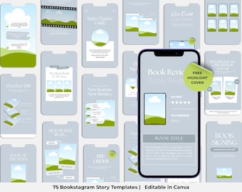 May include: A collection of 75 Bookstagram story templates in a light gray color scheme. Each template features a landscape image with green hills and a blue sky. The templates are designed for book reviews, events, and announcements.
