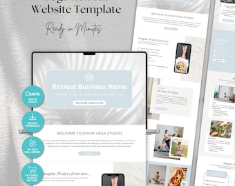 May include: A digital mockup of a yoga retreat website template. The design features a light blue and white color scheme with text that reads "Yoga Retreat Website Template" and "Ready in Minutes." The template includes sections for a business name, welcome message, and sample content.