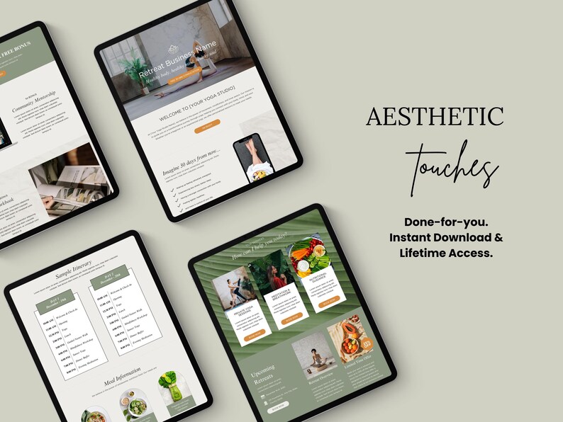 May include: A digital mockup of a website for a yoga retreat business. The website features a green and white colour scheme with images of yoga poses and healthy food. The text on the website includes the words "Retreat Business Name", "Welcome to your yoga studio", and "Imagine 30 days from now".