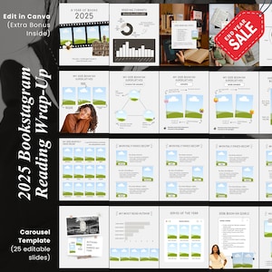 May include: A 25-slide carousel template for a 2025 Bookstagram reading wrap-up, featuring charts, graphs, and images. The design includes the text "Edit in Canva" and a "End Year Sale" tag.