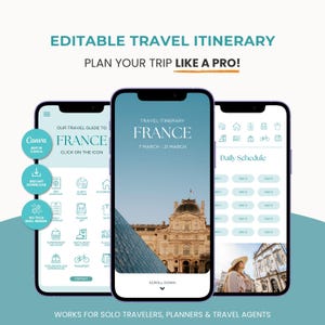 May include: Three smartphones showing a travel itinerary for France. The screens display a travel guide, itinerary details, and a daily schedule. Text includes "Editable Travel Itinerary" and "Plan Your Trip Like a Pro!"