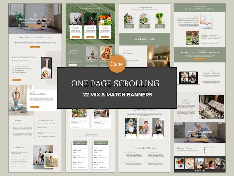 May include: A website mockup for a yoga retreat business. The website features a variety of banners with images and text, including information about the retreat, the instructors, and the benefits of yoga. The website also includes a call to action to join the retreat and grab a free bonus.