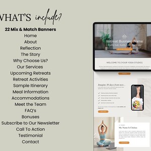 May include: A digital marketing template for a yoga retreat business. The template includes a website design with a welcome message, a list of retreat activities, and a testimonial section. The template also includes a sample itinerary, meal information, and accommodation details.