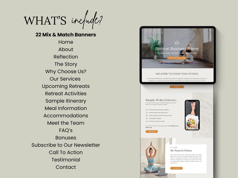 May include: A digital marketing template for a yoga retreat business. The template includes a website design with a welcome message, a list of retreat activities, and a testimonial section. The template also includes a sample itinerary, meal information, and accommodation details.
