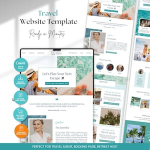 May include: A travel website template with a teal and white color scheme. The design includes a homepage with a photo of a person on a beach, and several other pages. Text includes "Travel Website Template" and "Let's Plan Your Next Escape."