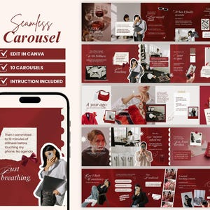 May include: A digital product advertisement in red and white. The design features a phone mockup with the text "Just breathing" and a list of features: "Edit in Canva," "10 Carousels," and "Instruction Included."