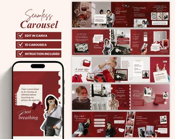 May include: A digital product advertisement in red and white. The design features a phone mockup with the text "Just breathing" and a list of features: "Edit in Canva," "10 Carousels," and "Instruction Included."