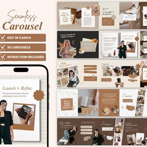 Puede incluir: Maqueta de producto digital con un diseño de carrusel continuo. El diseño incluye plantillas editables en Canva, 10 carruseles e instrucciones. La imagen muestra un teléfono con un diseño "Launch + Refine" y varios diseños de contenido en una paleta de colores neutros.