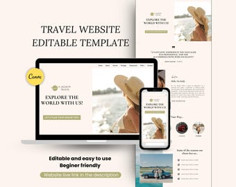 May include: A website template for travel businesses. The template features a light background with a photo of a woman in a hat and a quote about a fantastic experience. The website is editable and easy to use, making it beginner friendly. The text "Explore the World with Us!" is featured on the website.