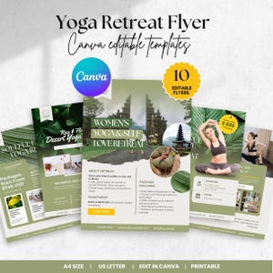 May include: A collection of yoga retreat flyers with a green and white color scheme. The flyers feature images of yoga poses, temples, and text that reads "Yoga Retreat Flyer" and "Canva editable templates."