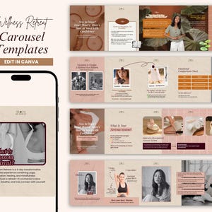Puede incluir: Imagen de marketing digital que muestra una plantilla de carrusel de retiro de bienestar. El diseño presenta un teléfono inteligente que muestra una plantilla con el texto "What is Blossom Retreat?" y varias diapositivas de carrusel con texto e imágenes.