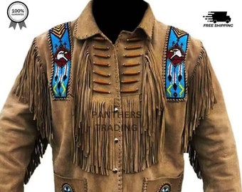 Veste en cuir de cowboy occidentale traditionnelle faite main pour hommes avec franges et perles Veste en cuir de daim faite main amérindien pour hommes