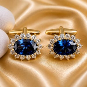 Oval Blue Sapphire Cufflinks, Gold Tone Men's Cuff Links, Wedding Accessories, Formal