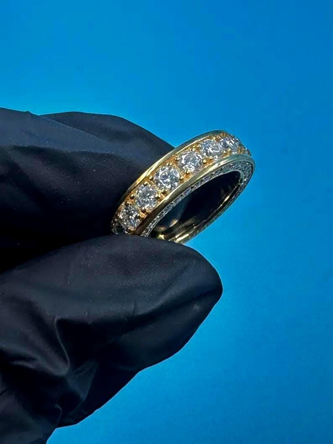 Unisex 14K Yellow Gold Finish Round Cut Real Moissanite Wedding Band ...