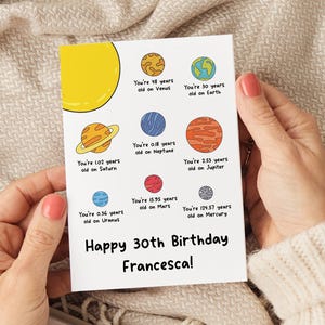 Carte d'anniversaire planète personnalisée, carte d'anniversaire espace, carte d'anniversaire personnalisée, carte d'anniversaire étape importante, carte d'anniversaire 30e anniversaire, carte 40e anniversaire