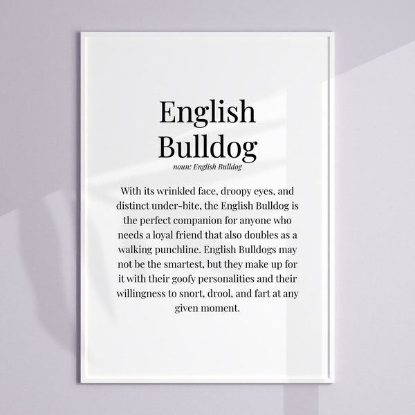 English Bulldog Definition Print, English Bulldog Poster, English Bulldog Gift Ideas, English Bulldog Wall Art, English Bulldog Home Decor