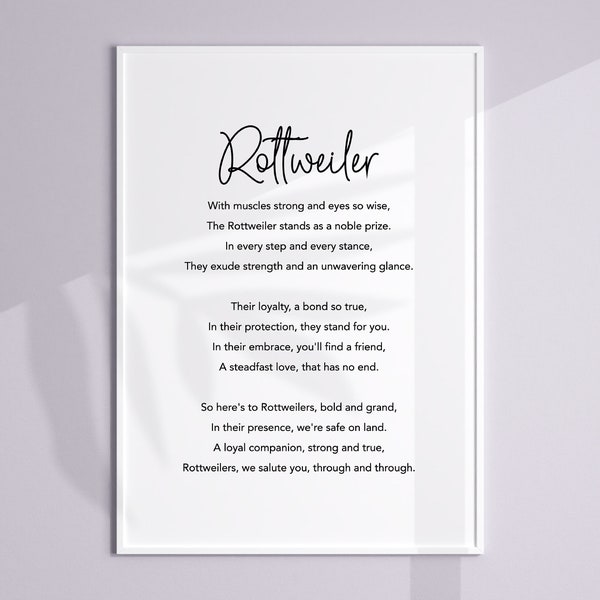 Rottweiler Poem Print, Rottweiler Poster, Rottweiler Home Decor, Rottweiler Wall Art, Rottweiler Owner, Rottweiler Gifts, Rottweiler Quotes