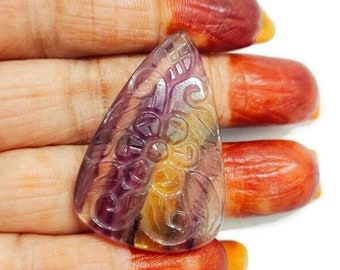 Fluorite Carving Gemstone ,Natural Fluorite Carving Cabochon Flat Back Side, Loose Gemstone For Jewelry Making, Pear Shape, Size 39*26mm