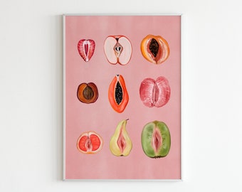 Sliced Feminine Fruit, Signed Art Print, “Fruity Sliced” Vintage Poster, 9 different fruits Print, Empowerment Print, Digital Download.