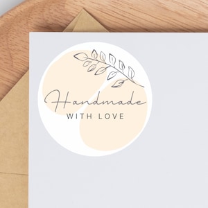 Adesivo rotondo "Fatto a mano con amore", 5 cm o 3 cm in beige per la tua attività