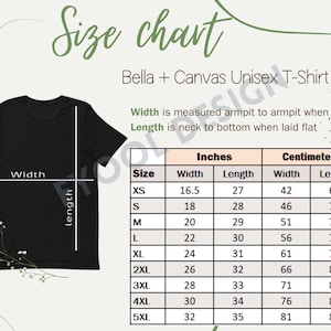Tabla de tallas Bella Canvas 3001 Camiseta unisex Bella Canvas 3001 Tabla de tallas en pulgadas y centímetros