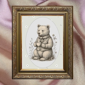 Vintage Bear Wall Art Printable, Woodland Animal Tea Illustration, Nursery Storybook Decor, Cozy Cottagecore Digital Download, Baby Decor