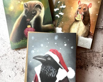 3 christmas card designs: crow, marten and rat