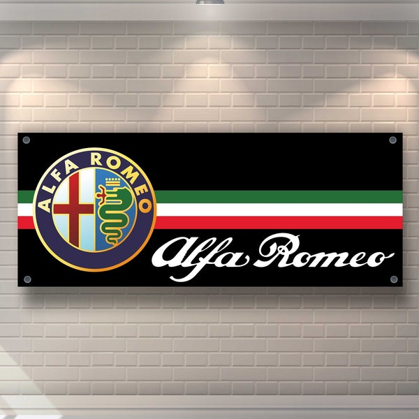 Alfa Romeo Logo Banner Vinyl, Garage Sign,office or showroom, Flag, Racing Poster, Auto Car Shop, Car Poster, Garage Decor, Alfa Romeo