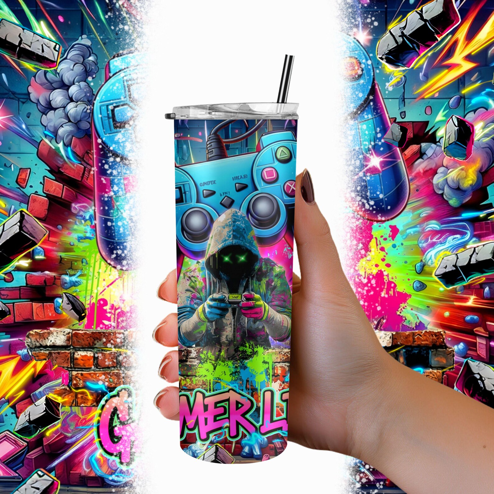 Gamer Life Tumbler Wrap PNG, Neon Graffiti Gamer Clipart, Video Gaming ...