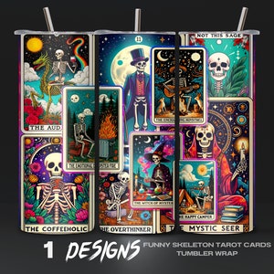 Cartas de Tarô Engraçadas com Esqueleto, Embalagem para Copo PNG, Design de Sublimação, Tarô de Esqueleto de Halloween, Download Digital, Embalagem para Copo para Sublimação