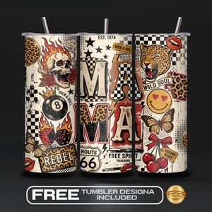 May include: Three stainless steel tumblers with lids and straws. Each tumbler features a distressed design with a skull, leopard, and the word "MAMA" in a bold font. Other graphics include dice, cherries, and butterflies.