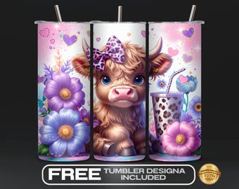 Purple & White Highland Cow Tumbler Wrap PNG, Funny Country Girl Cow, 20oz Skinny Sublimation Design, Watercolor Cow Art, Digital Download