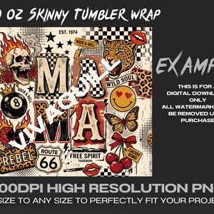May include: A digital design for a 20 oz skinny tumbler wrap. The design features a collage of rock and roll, rebel, and free spirit imagery, including a skull, leopard, Route 66 sign, and cherries. The design includes the text "20 OZ SKINNY TUMBLER WRAP".