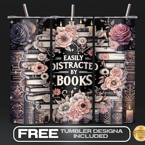 Diseño PNG para vaso "Fácilmente Distraído por los Libros", Amante de la Biblioteca, Estilo Boho Floral, Lectura, 20 oz, Sublimación, Diseño para imprimir en vaso, Estilo Boho DIY
